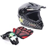 KUMOYOU Motorcycle Full Face Helmet, Motorcross Dirt Bike ATV UTV Off Road MTB Racing Casco, DOT Lightweight Helmets with Goggle Glove for Adults Men (Black M)
