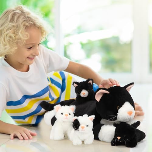 Image of Skylety 5 Pieces Cat Stuffed Animal with Babies Inside Belly Plush Cat Pregnant Mommy Kitty with 4 Cute Fluffy Stuffed Kittens Christmas Birthday Surprise Gifts(Black, White)