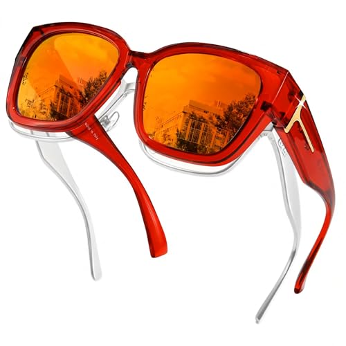 Image of SIPHEW Mirrored Sunglasses Polarized Fit Over Glasses for Women - Trendy Large Square w UV400 Protection Sun Glasses