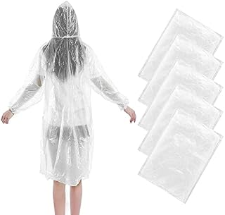 KOMUNJ 5 Pack Disposable Rain Ponchos, Emergency Raincoats Waterproof Ponchos Transparent Lightweight Rain Coats with Drawstring Hood- Adult Size