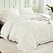 WONGS BEDDING White Queen Comforter Set,Boho Ruffle Comforter for Queen Bed,Soft Seersucker Shabby Chic Bedding Set with 1 Comforter,2 Tufted Pillowcases 90