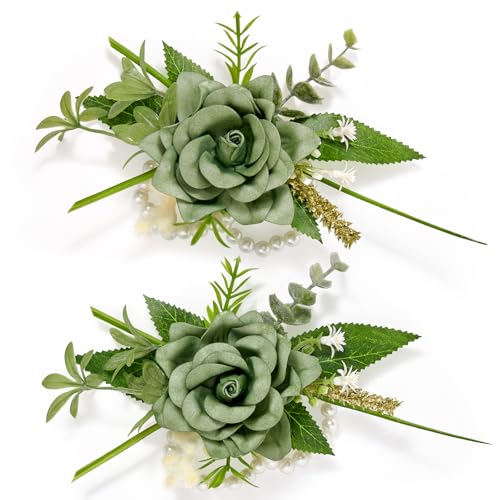 Serwalin 2Pcs Sage Green Wrist Corsage Wristlet for Wedding Prom, 6-7Inch
