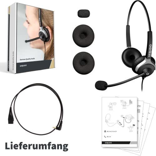 GEQUDIO Headset mit 2,5mm Klinke kompatibel mit Gigaset, Panasonic DECT Schnurlostelefon - Kopfhörer & Mikrofon mit Ersatz Polster - besonders leicht 80g (2-Ohr)