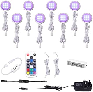 AIBOO RGB Colour Changing LED Under Cabinet Lighting kit,Ultra Slim LED Puck Lights,Counter Wardrobe Cupboard Lights for Christmas Xmas Ambiance Decoration(8 Pack)