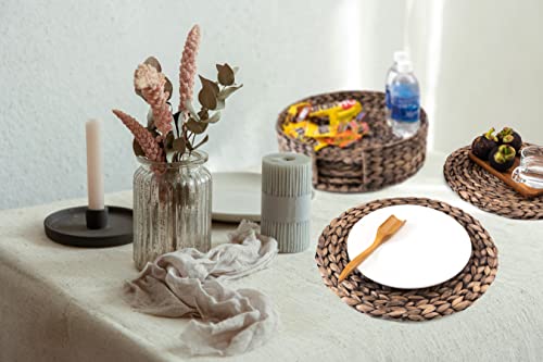 Barien 12 Inches Woven Placemats Round Set Of 6 With Decorative Round Holder, Natural Water Hyacinth Weave Placemat For Dining Table, Large Handmade Woven Placemats Heat Resistant Non-Slip (Black) #TOP1