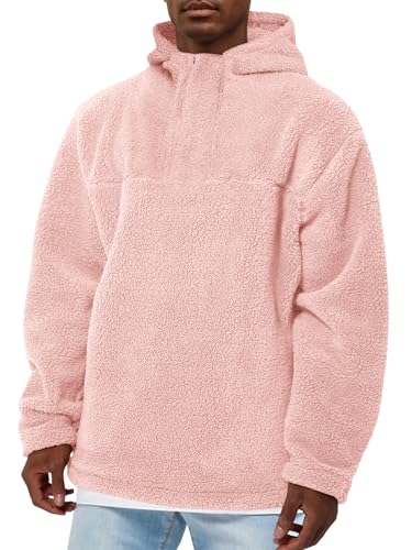 Runcati Mens Fuzzy Sherpa Hoodies Pullover Quarter Zip Long Sleeve Sweatshirts Fall Winter Outwear Casual Fleece Hooded Pink