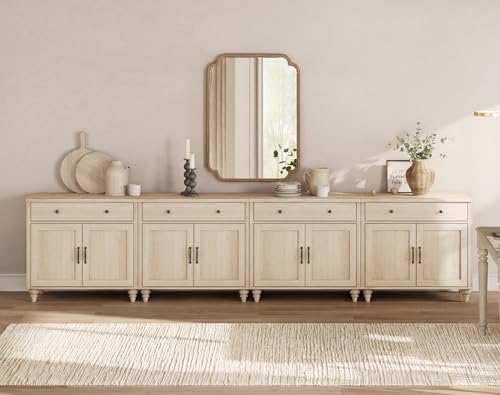 WAMPAT Buffet Cabinet with 8 Doors and 4 Drawers, Large Coffee Bar Table Wood Kitchen Storage Cabinets with Storage, Modern Farmhouse Sideboard Credenza for Dining Room, Beige, 136 inch