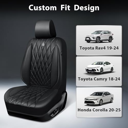 Image of CAR PASS Nappa Leather Rav4 Front Seat Covers Custom Fit for Toyota Rav4 2019-2024, Camry 2018-2024, Corolla 2020-2025, Luxury Premium Anti-Slip Waterproof 2 Pack Seat Cover, Airbag Compatible Black