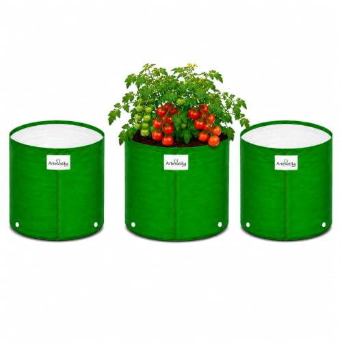 Image of Grow Bags for Terrace Gardening, Premium HDPE Green-Orange Large Planters for Fruit Trees, Vegetables, Flowers & Home Garden Pack of 3(15x15)