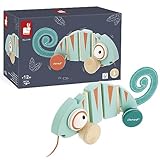 Janod - Tropik Pull-Along Chameleon - Wooden Early-Learning Toy - Silent Wheels - Educational Walking and Balancing Toy - FSC-Certified - Water-Based Paint - 1 Year + - J08264, Blue