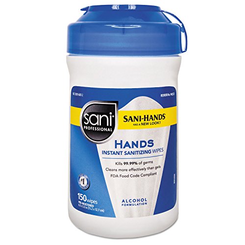 Sani Professional P43572EA Hands Instant Sanitizing Wipes w/Polypropylene, 5 x 6 White, 150/Canister