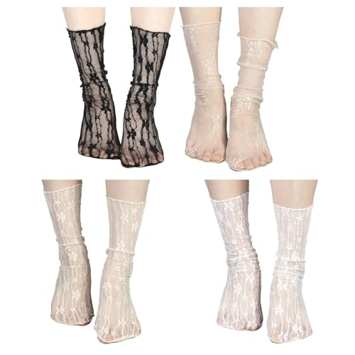 Qulkws 4 Pairs Womens Lace Sheer Slouch Socks, Mesh Laces Trim Sock, Women's Lace Ankle Socks, Nylon Loose Ankle High Stockings for Women