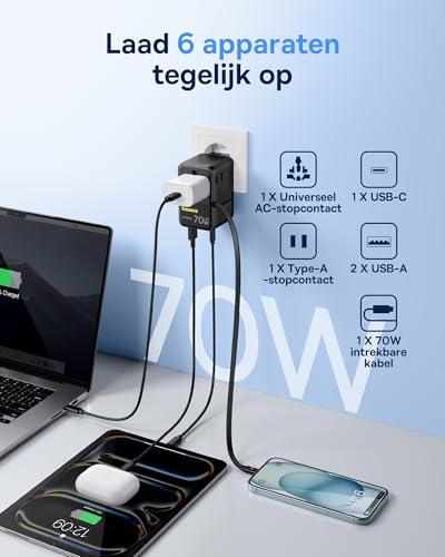 Baseus Enercore 70W Wereldwijde Reisadapter met Uittrekbare Kabel, Universele Reisstekker met 2 AC + 2 USB-A + USB-C, Internationale Stopcontactadapter voor de VS, het VK, Japan, Thailand en Australië - Afbeelding 6