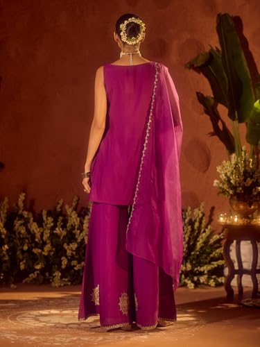Image of FIORRA Women's Purple Viscose Chanderi Gotta Patti Work Ethnic Straight Kurta Set with Dupatta