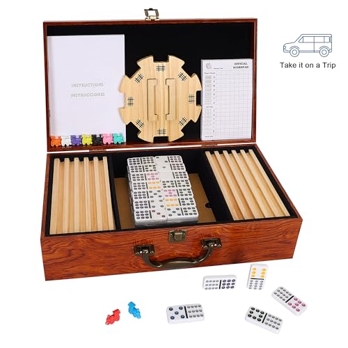 Mexican Train Dominoes set doble 12 con estuche de madera miniatura 2