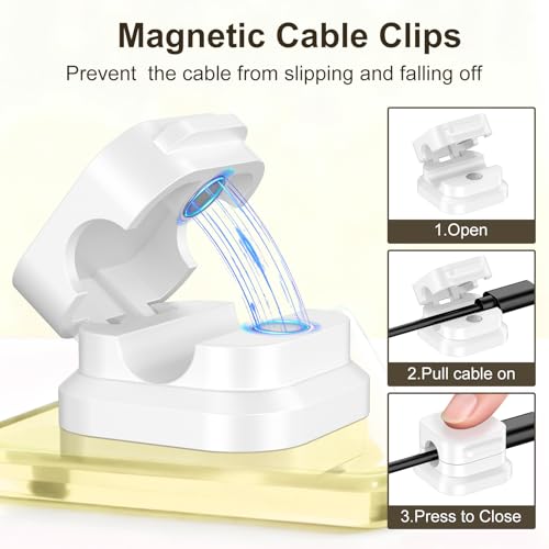 Image of 10 Pack Magnetic Cable Clips, [No-Residue] Adhesive Cable Holder, Wire Organizer Keeper for Nightstand, Desk, Home or Office (White)