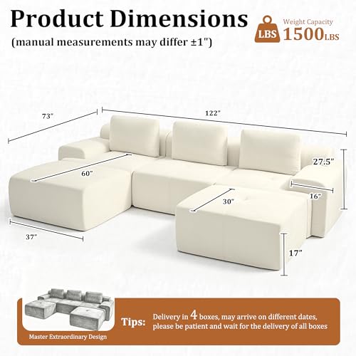 Image of 122 inch U Shaped Oversized Cloud Boneless Couch, Cloud Sectional Couches for Living Room, Modular Sofa High Back & Extra Deep Seat, No Assembly, Chenille(Warm White, 122 inch-U Shaped(3+2))