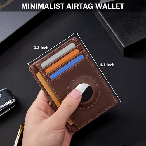 Hawanik Wallet with Airtag Holder Genuine Leather Wallets Slim Minimalist Card Holder RFID Blocking Card Wallet Compatible with AirTag3