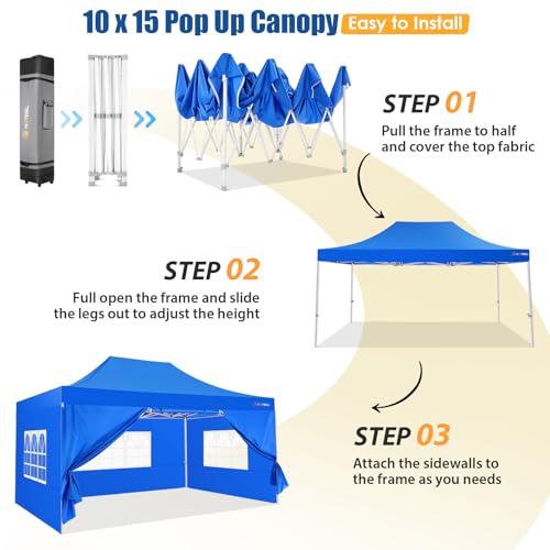 Image of HOTEEL 10x15 Pop up Canopy Tent for Parties, Heavy Duty Easy Setup Tent with 4 Sidewalls, Outdoor Commercial Instant Gazebo for Wedding Event, with Roller Bag & Sand Bags, Blue(Hexagonal Frame)