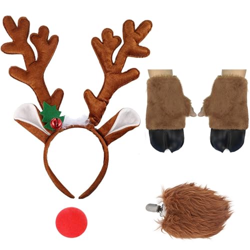 Ausejopeac Christmas Reindeer Deer Costume set Halloween Reindeer Antlers Headbands and Deer Brown Front Hooves with Red Nose Fawn Tail for Dress Up Cosplay Party