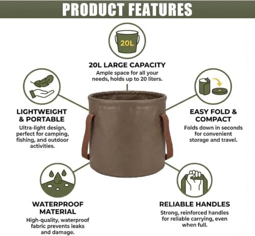 Image of Water Bucket 20L | Foldable Waterproof PVC Bucket | Portable Water Storage for Camping, Fishing, Gardening, Trekking & Home (20 Liter Brown)