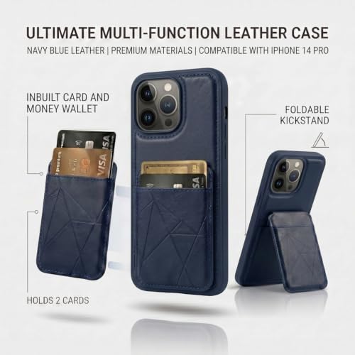 Image of amazon basics Premium Vegan Leather Back Cover with Card Holder and Integrated Mobile Stand for iPhone 14 Pro - Slim Shockproof Wallet Case with Geometric Stitching [Blue]