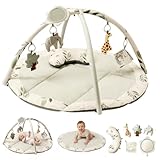 Fortella ベビージム プレイジム プレイマット 北欧風 おしゃれ 厚手素材 0歳 新生児から遊べる 知育玩具 メリー おもちゃ 室内遊具 洗える 持ち運び便利 出産祝い プレゼント (セージグリーン)