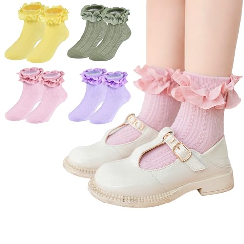 Baby Girls' Ruffle Socks Toddler Lace Frilly Dress Sock Newborn Soft and Breathable Cotton Eyelet Sock 4 Pack
