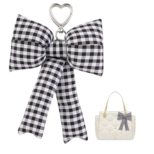 Image of Pink Bow Keychain Bag Charms Y2K Bowknot Plaid Keychains Coquette Aesthetic Purse Handbag Backpacks Charms (Black)