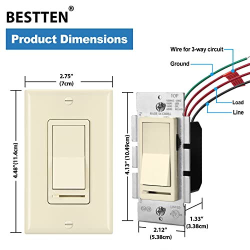 [2 Pack] Bestten Almond Dimmer Wall Light Switch, Single-Pole Or 3-Way, Compatible With Dimmable Led, Incandescent, Halogen And Cfl Bulbs, Wallplate Included, Ul Listed #TOP7