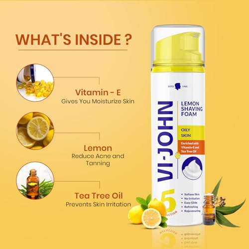 Image of VI- JOHN Shaving Foam For Men, Lemon Shaving Foam With Goodness of Nature, Tea Tree Oil, Vitamin E Enriched and Anti- Bacterial Formula (200gm- Pack of 1)