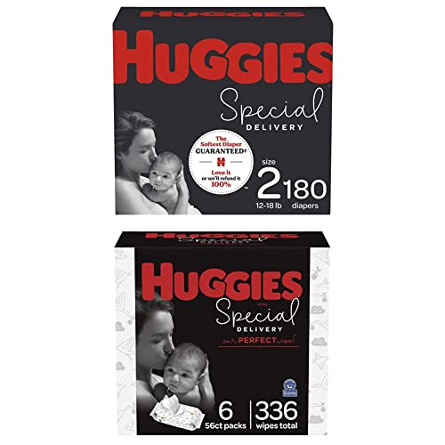Image of Baby Diapers and Wipes Bundle: Huggies Special Delivery Diapers Size 2, 180ct & Special Delivery Baby Diaper Wipes, Unscented, 6 Push Button Packs (336 Wipes Total)