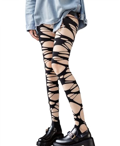 Mingnos Women's Ripped Tights Punk Goth Distressed Leggings Irregular Fishnet Stockings Y2K Ragged Pantyhose Hosiery2