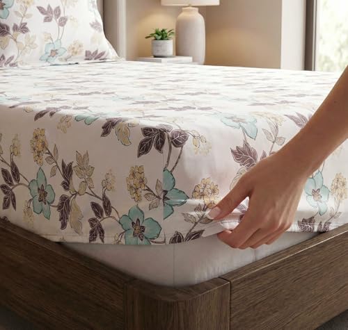 Image of VAS COLLECTIONS Cloud Cotton Fitted King Size Bedsheet (72x78 Inch) with 2 Pillow Covers | All-Round Elastic | Cotton Feel | Fits 8 Inch Mattress | 200-220 TC Printed Bed Sheet Set (Aqua White)