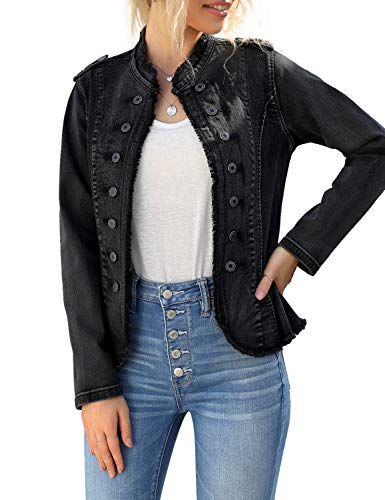 luvamia Women's Casual Open Front Long Sleeve Double Breasted Denim Jean Jacket Black Size Medium (Fits US 8-US 10)