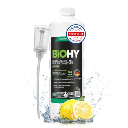 BiOHY Środek czyszczący do wycieraczek ssących (butelka 1l) + dozownik | Koncentrat 1:200 do wszystkich odkurzaczy na mokro | do płytek, PCV, parkietu, laminatu i dywanów (Saugwischer)