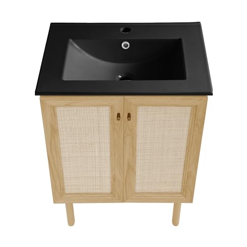 Image of Swiss Madison Classe 24 inch Freestanding Bathroom Vanity in Natural Oak with Black Sink Top