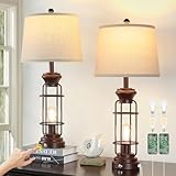 Juego de 2 lámparas de mesa con puertos USB, lámpara de noche de bronce aceitado con pantalla de avena blanca para sala de