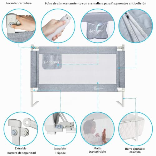 Barrera de cama para niños de 180 cm con elevación vertical gris para evitar caídas nocturnas 8
