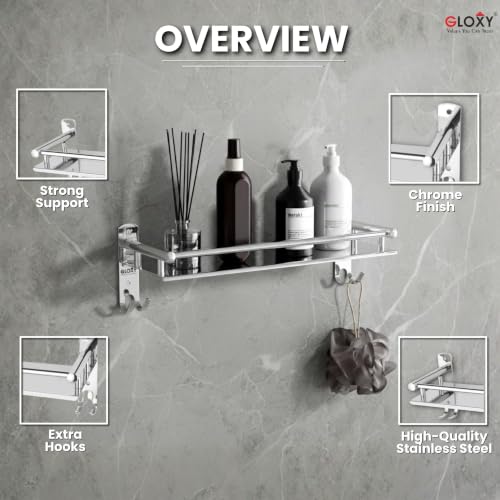 Image of GLOXY Premium Combo Pack of 3 Stainless Steel Single Shelf Wall Mount with Multipurpose Hooks - Chrome Finished Bathroom Stand Shelf Bathroom Fittings Accessories Set for Home, Office & Restaurants