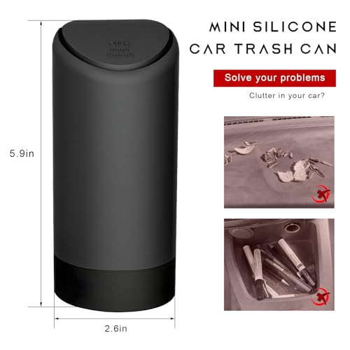 Image of Mni Car Trash Can with Lid, Portable Silicone Auto Garbage Container for Cup Holder, Multipurpose Trash Bin for Car Home Office, Waterproof Leakproof Small Vehicle Trash Can (Black)