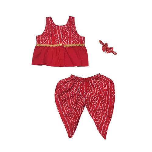 Image of The Root And Craft Kids Birthday Photoshoot Outfit Dress Girls Bandhani printed Top With Dhoti pant & Hairband Born Baby Photography Photoshoot Props(0to 18 Month)