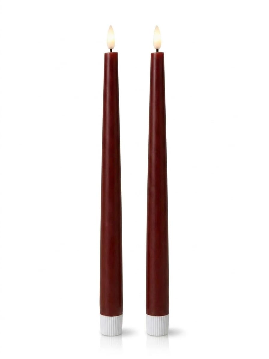 Curator Home Set of 2 Wax LED Taper Candles – 30cm Flameless Dinner Candles – Real Wax, Warm White LED Wick, Battery Operated – Elegant Table Centrepiece & Wedding Candle (Deep Red)