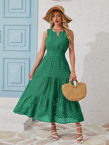 Image of Women 2025 Summer Maxi Dress Casual V Neck Sundress Sleeveless Hollow Out Eyelet a Line Long Flowy Beach Vacation