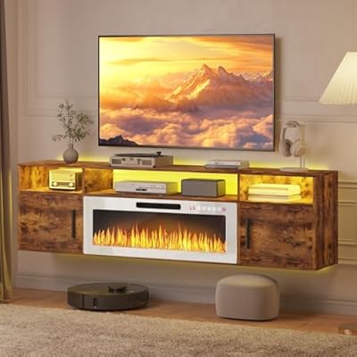 PUKAMI 70" Floating TV Stand with 36" Electric Fireplace,Wall Mounted Entertainment Center with LED Lights and Highlight Storage Cabinet for TVs up to 80" for Living Room, Brown and White