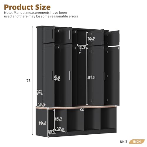 Image of Hall Tree with Bench and Shoe Storage Compartments, Particle Board Multi-Functional Entryway Cabinet with 4 Hanging Hooks, Black