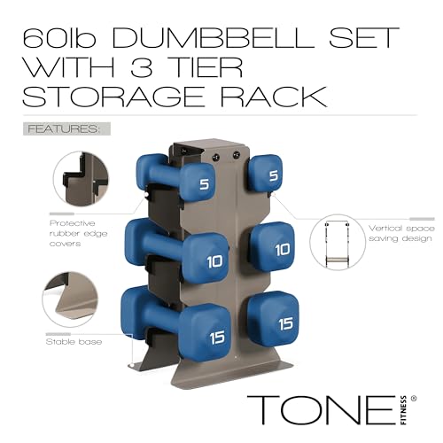 Image of Tone Fitness Neoprene Dumbbell Set with Storage Rack - Non-Slip, Anti-Roll Hand Weights for Home Gym Workouts | 20 lb, 32 lb, 50 lb, 60 lb & 100 lb Options