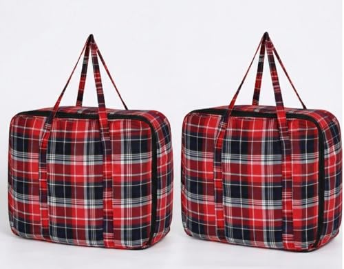 Image of HOUSE FOX Jumbo XXXL Cotton 142 Litre Underbed Storage Bag for Double Blanket | Quilt | Clothes | Traveling Storage Bag Heavy Zipper & Strong Handle MultiPurpose Size -70x60x34 Cm (Red Black, 2 Pcs)