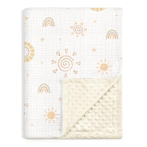 Image of Sun Baby Blankets for Boys Girls, Soft Nursery Minky Blankets with Muslin and Dotted Fleece Back 30x40 inches, Receiving Bed Quilt for Newborn, Infants, Toddlers