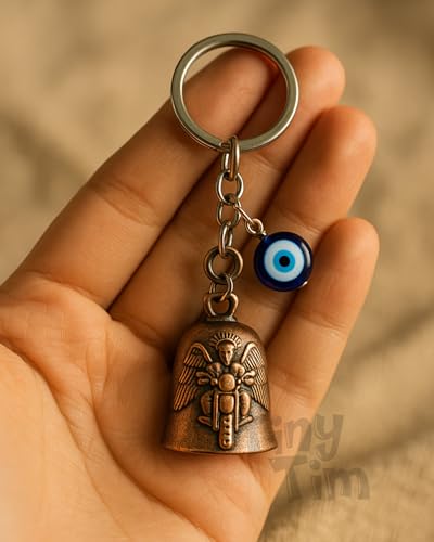 Image of Tiny Tim Guardian Bell with Evil Eye Charm - Protective Motorcycle & Car Accessory - Tibetan-Inspired Design - Wards Off Negative Energy - Ideal Gift for Bikers & Travelers